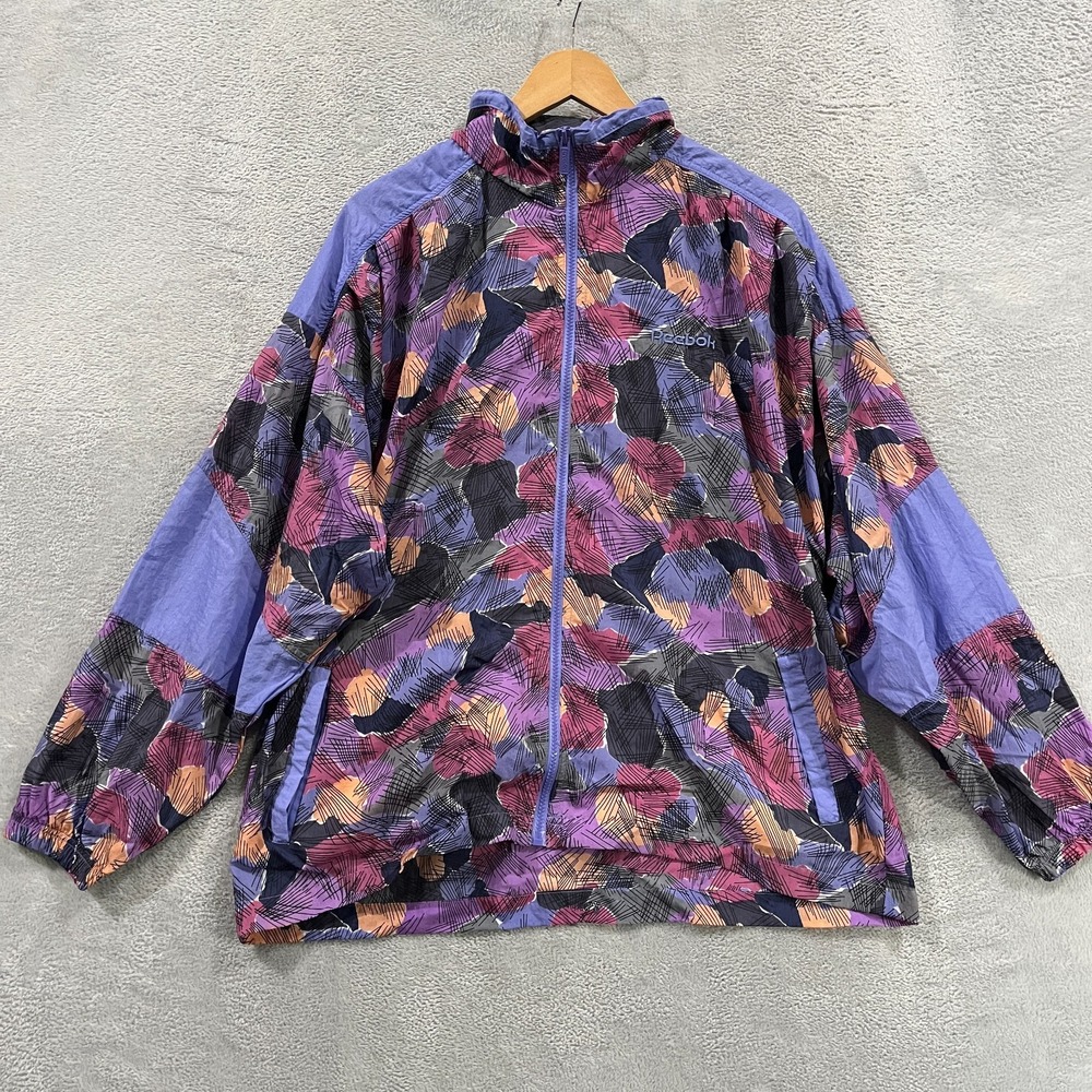 Vtg 90s Reebok Windbreaker Jacket Womens L Multi Abstract Mesh Lined Full Zip